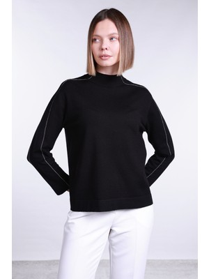 Sempre Kadın Yarım Balıkçı Şerit Taş Detaylı Kazak 2772 Siyah