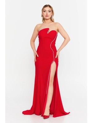 Şeref Vural Kadın Straplez Derin Yırtmaçlı Balık Form Abiye Elbise 8266 Kırmızı