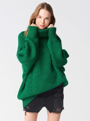 Ribana Classic Kadın Büyük Beden Balıkçı Yaka Geniş Kesim Oversize Boğazlı Triko Kazak 5078