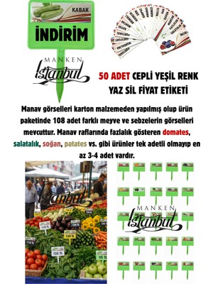 Manken İstanbul 50 Adet Cepli Saplanabilir Manav Etiketi Market Etiketi Pazarcı Etiketi 108 Adet Karton Etiketli