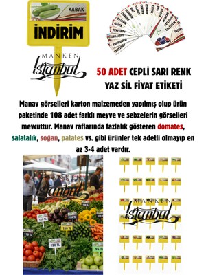 Manken İstanbul 50 Adet Cepli Saplanabilir Manav Etiketi Market Etiketi Pazarcı Etiketi 108 Adet Karton Etiketli