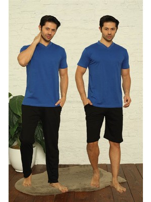 Moda Çizgi Erkek Sax V Yaka 3'lü Pijama Takım 6822