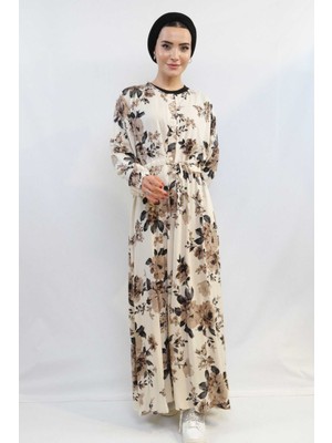 Moda Çizgi Gül Desenli Elbise MC4101 Bej