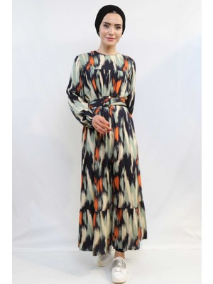 Moda Çizgi Karışık Desen Elbise Mint