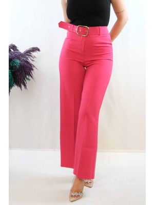 Moda Çizgi Kemerli Pantolon Pembe