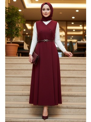 Neva Style Bordo Tesettür Jile Elbise 62081BR