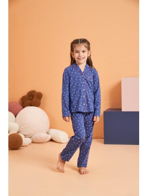 Pjs Kız Çocuk Kalpli Önden Düğmeli Gömlek Yaka Uzun Kollu Pijama Takım