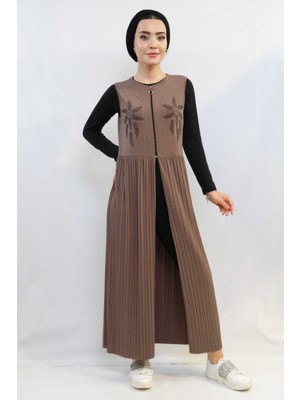 Moda Çizgi Taş Işlemeli Piliseli Yelek Vizon MC727