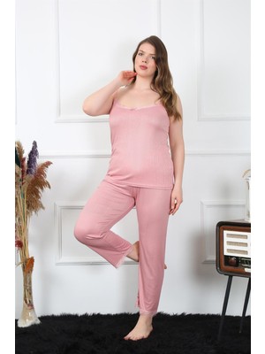 Moda Çizgi Kadın Büyük Beden Pudra Ip Askılı Pijama Takım 202195