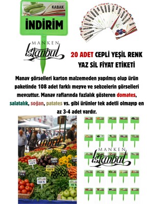 Manken İstanbul 20 Adet Cepli Saplanabilir Manav Etiketi Market Etiketi Pazarcı Etiketi 108 Adet Karton Etiketli