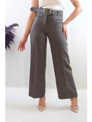 Moda Çizgi Kemerli Pantolon Füme