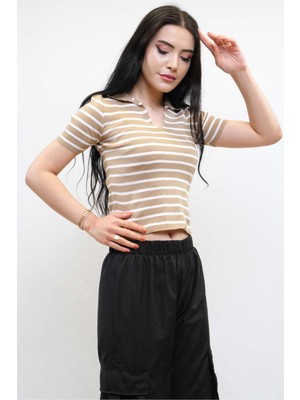 Gömlek Yaka Çizgili Triko Bluz Bej