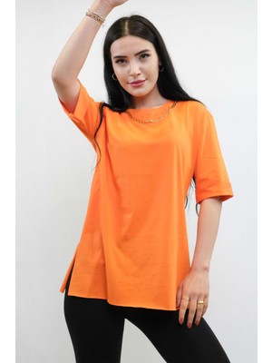 Moda Çizgi Zincir Aksesuarlı Tshirt Turuncu