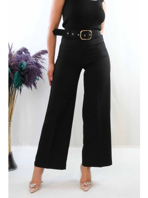 Moda Çizgi Kemerli Pantolon Siyah