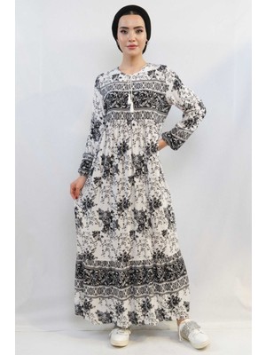 Moda Çizgi Etnik Desen Elbise Siyah