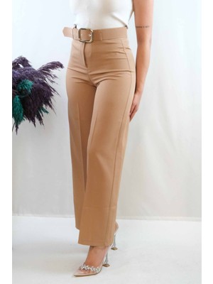 Moda Çizgi Kemerli Pantolon Vizon