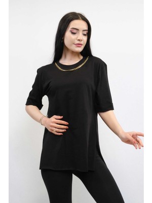 Moda Çizgi Zincir Aksesuarlı Tshirt Siyah