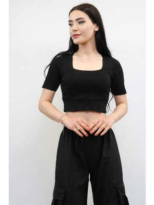 İbrahim Burak Etiler Collection Moda Çizgi Kare Yaka Triko Crop Siyah