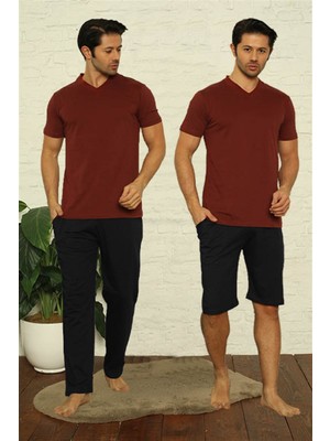 Moda Çizgi Erkek Bordo V Yaka 3'lü Pijama Takım 6822