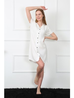 Moda Çizgi Kadın Dokuma Kumaş Önden Düğmeli Beyaz Tunik Gecelik 1031