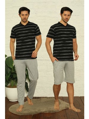 Moda Çizgi Erkek Siyah V Yaka 3'lü Pijama Takım 6822