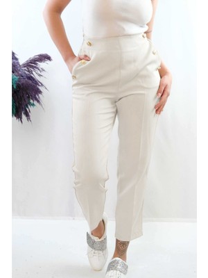 Moda Çizgi Düğme Aksesuarlı Yüksek Bel Pantolon Ekru