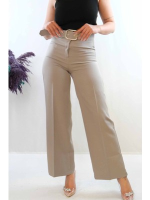 Moda Çizgi Kemerli Pantolon Gri
