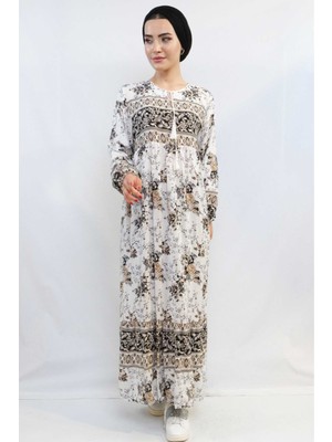 Moda Çizgi Etnik Desen Elbise Bej