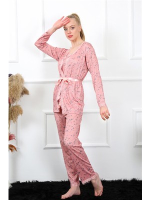 Moda Çizgi Kadın 3'lü Gül Kurusu Sabahlık Pijama Takım 16103