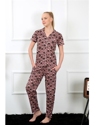 Moda Çizgi Kadın Kahve Önden Düğmeli Kısa Kol Pijama Takım 2844