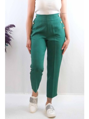 Moda Çizgi Düğme Aksesuarlı Yüksek Bel Pantolon Zümrüt