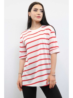 Çizgili Penye Tshirt Kırmızı