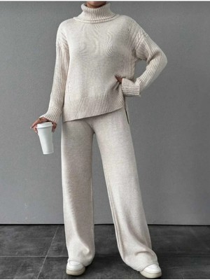 Newco Kadın Fitilli Yaka Saç Örgü Desenli Yanlardan Yırtmaçlı Triko Takım Antrasit