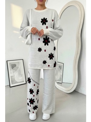 Newco Kadın Papatya Temalı Triko Takım Geniş Paça Pantolon Ikili Set