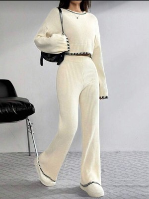 Newco Çoban Detaylı Kadın Ekru Ikili Triko Takım