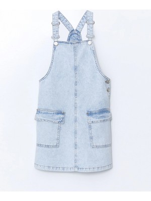 LC Waikiki Lcw Kids Mavi Kare Yaka Kız Çocuk Jean Salopet Elbise