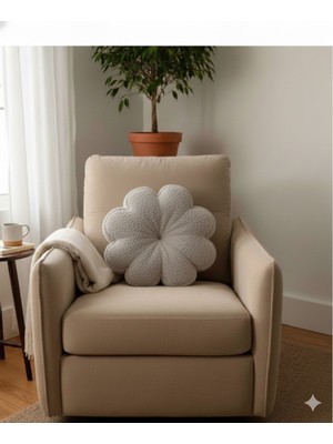 Puff Table Peluş Papatya Yastık Kırlent Içi Dolgulu Açık Gri Teddy Kumaş Büyük Boy