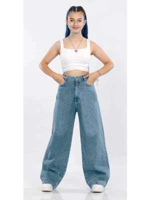 Asortix Kız Çocuk Wide Baggy Fit Geniş Paça Kot Pantolon