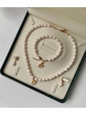 Taşmir Sertifikalı Doğal Büyük Arpa Inci Kolye Bileklik Küpe Set Kuğu Charm Altın Kaplama Pirinç Aparatlar