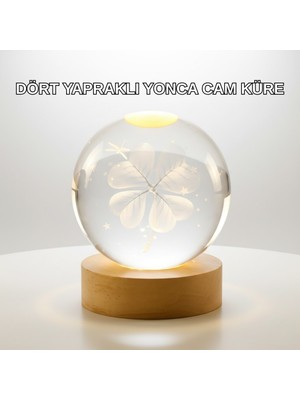 Nilavia Yonca Figürlü Cam Küre USB Işıklı Ahşap Tabanlı Dekoratif Masa Lambası - AL002A-61S3V2
