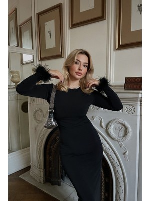 Yake Store  Siyah Kolları Püsküllü Uzun Elbise ATE3115