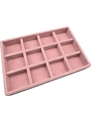 Megass Dekor Süet Kumaş Pembe Renk 22/14 cm 12 Bölmeli Takı Sergileme Tablası