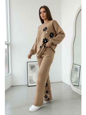 Newco Kadın Papatya Temalı Triko Takım Geniş Paça Pantolon Ikili Set