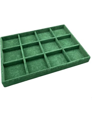 Megass Dekor Süet Kumaş Yeşil Renk 34 cm / 24 cm 12 Bölmeli Çekmece Içi Takı Standı