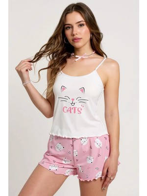 Nilavia Renkli Kedi Desenli Askılı Şortlu Kadın Pijama Takımı - AL002A-61U8N1