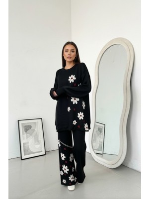 Newco Kadın Papatya Temalı Triko Takım Geniş Paça Pantolon Ikili Set