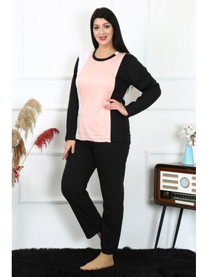 Moda Çizgi Kadın Büyük Beden Penye Uzun Kol Pijama Takım 202213