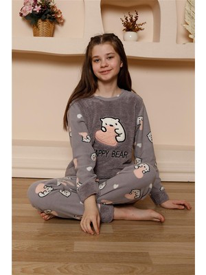 Moda Çizgi Kız Çocuk Welsoft Polar Gri Pijama Takımı 20523