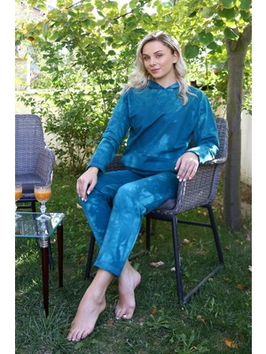 Moda Çizgi Kadın Pamuk Kapşonlu Cepli 3 Iplik Turkuaz Eşofman Takım 9037