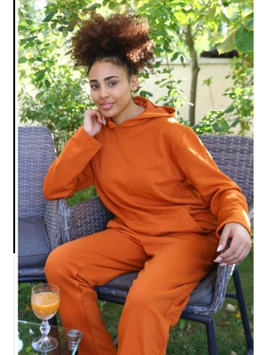 Moda Çizgi Kadın Pamuk Kapşonlu Cepli 3 Iplik Kiremit Eşofman Takım 9037